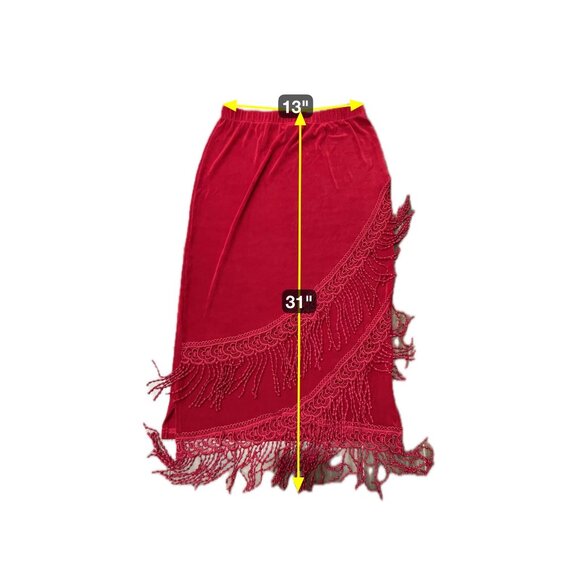 Vintage Red Stretch Fringe Dress Skirt Two Piece Set Sz Large - Picture 9 of 10